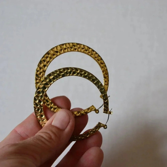 Goldtone Hammered  Metal Hoop Earrings - Picture 4 of 4